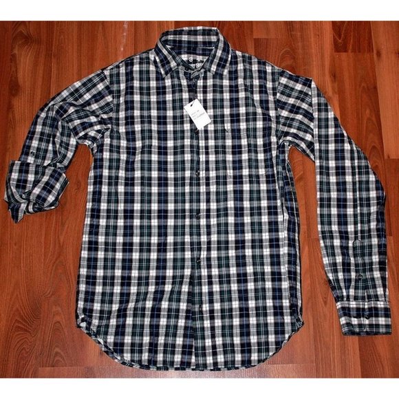 EARNEST SEWN Checks BLUE WHITE Regiment PLAID Shirt ROLL-UP Sleeves Sz 1 $135 - Picture 1 of 1